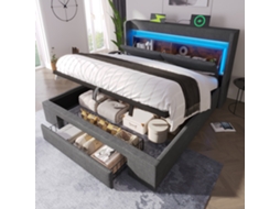 Cama Casal 140x200cm Com Armário Led Usb Usb-c Cinza Sem Colchão
