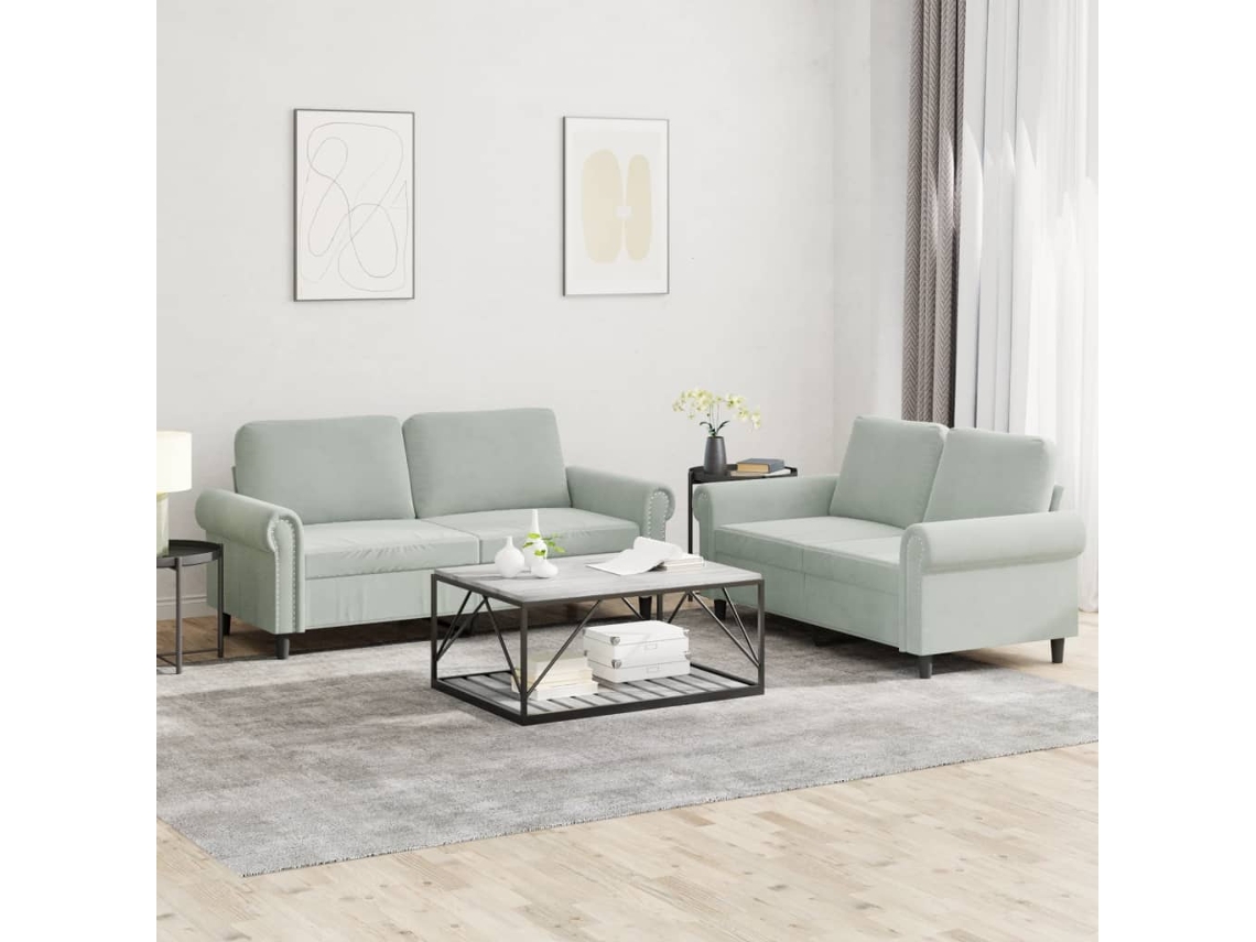Vidaxl 2 Pcs Conjunto De Sofás Com Almofadões Veludo Cinzento-claro