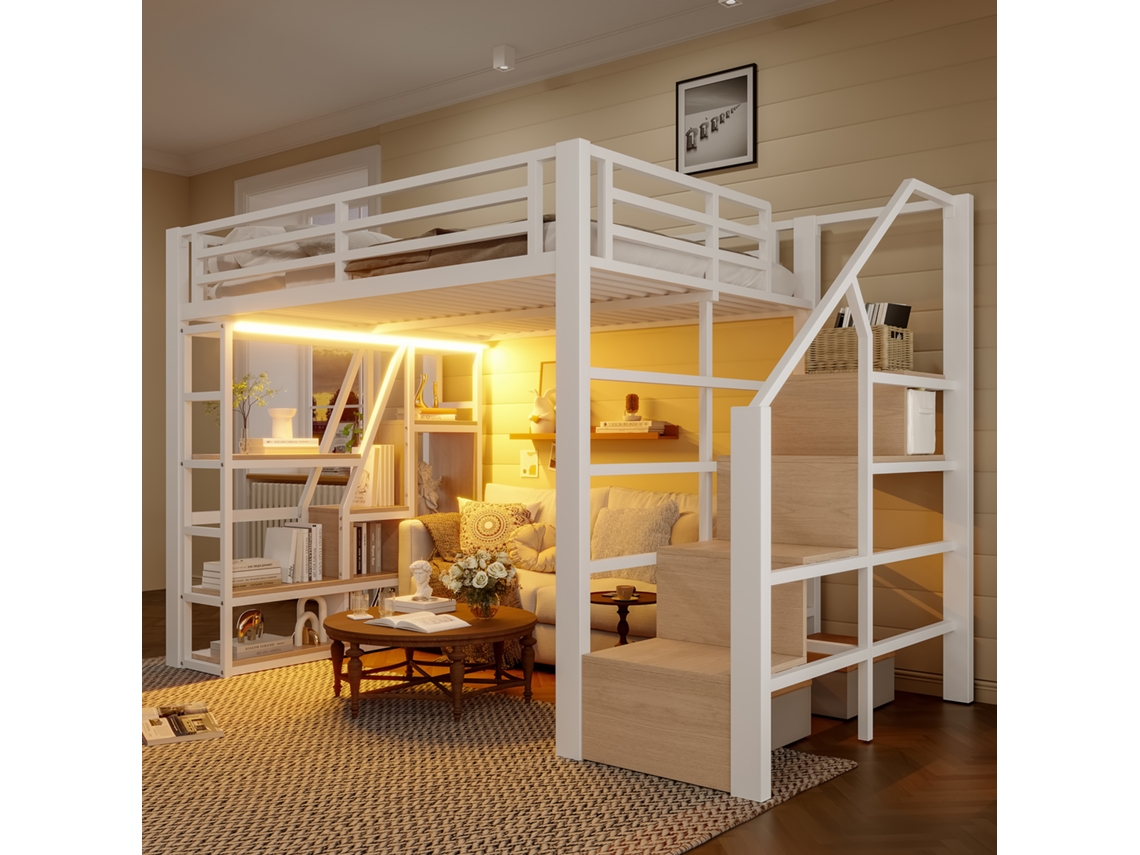 Cama Alta 140x200 Cm Ferro Branco Com Estante, Escada, Led E Armazenamento