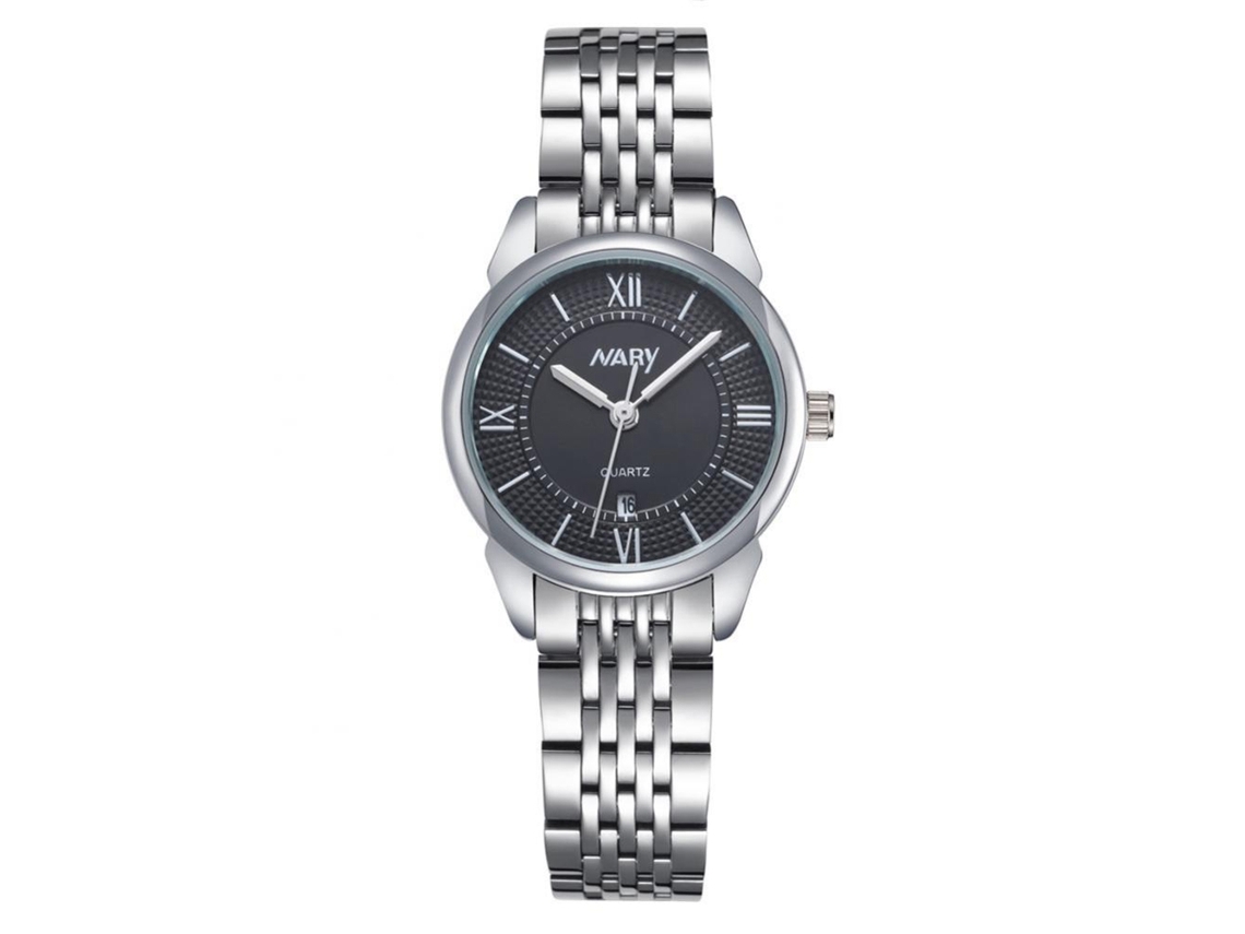 Reloj De Pareja Nary Impermeable Dial Números Romanos Correa Acero Inoxidable Mujer Negro Blanco