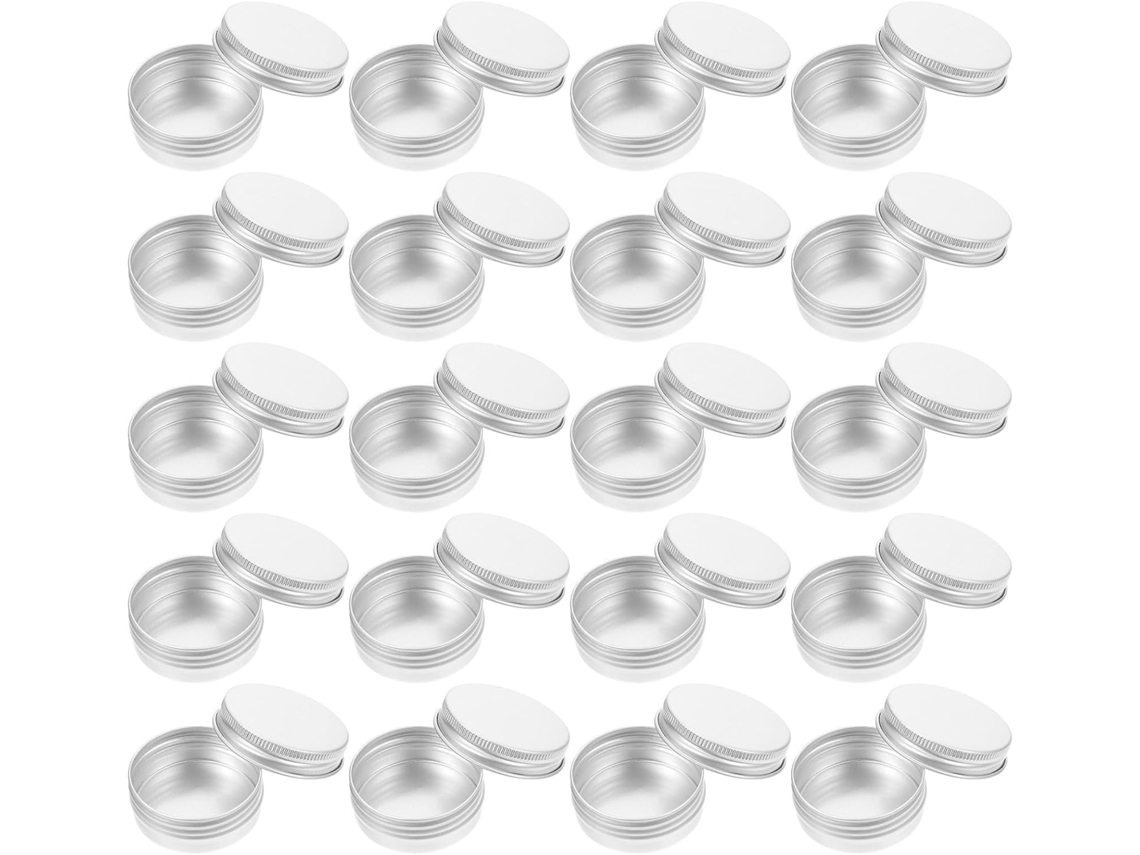 Potes de creme redondos, feitos de alumínio laminado, leves e recarregáveis, com capacidade de 15 ml.