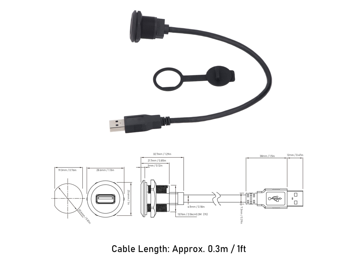 Laxiscreed Cabo Usb 3.0 Veicular Com Conexão Masculina-feminina Para Montagem Em Painel