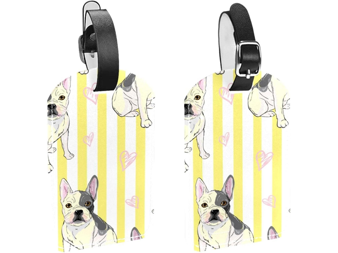 Conjunto De 2 Etiquetas Bagagem Em Couro Pu Com Design Bulldog Proteção Da Privacidade