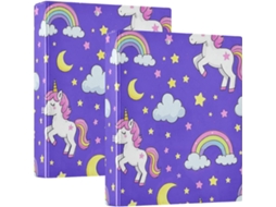 Macarrão escolar com três anéis e sacos, imagem de unicórnios fofinhos em design animado com estrela, Nas Cores Roxo E