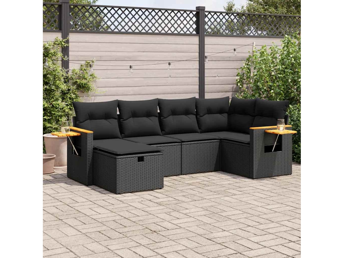 Vidaxl 6 Pcs Conjunto Sofás De Jardim C/ Almofadões Vime Pe Preto