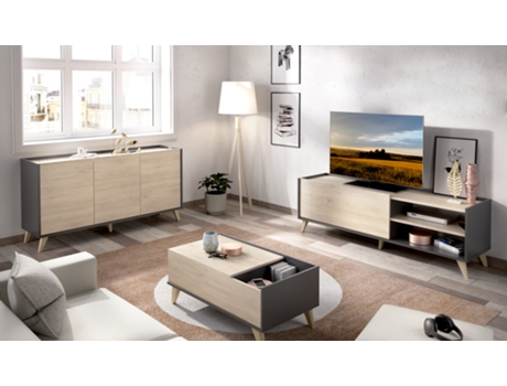 Conjunto Móvel de TV + Aparador + Mesa DEKIT Ness 6 (Cinzento e Castanho - Melamina - 75 x 155 x 43 cm)