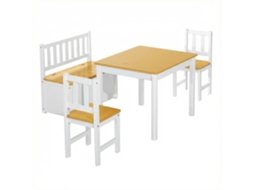 Conj. Mesa E Cadeiras Infantis 4 Peças, Mesa C/ 2 Cadeiras E Banco C/ Armazenamento, +3 Anos, Branco E Natural