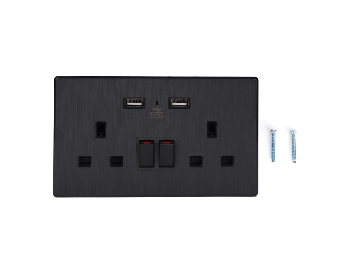 Tomada USB Dupla do Reino Unido (Aço Inoxidável Duplo, Alta Corrente 2100mA)