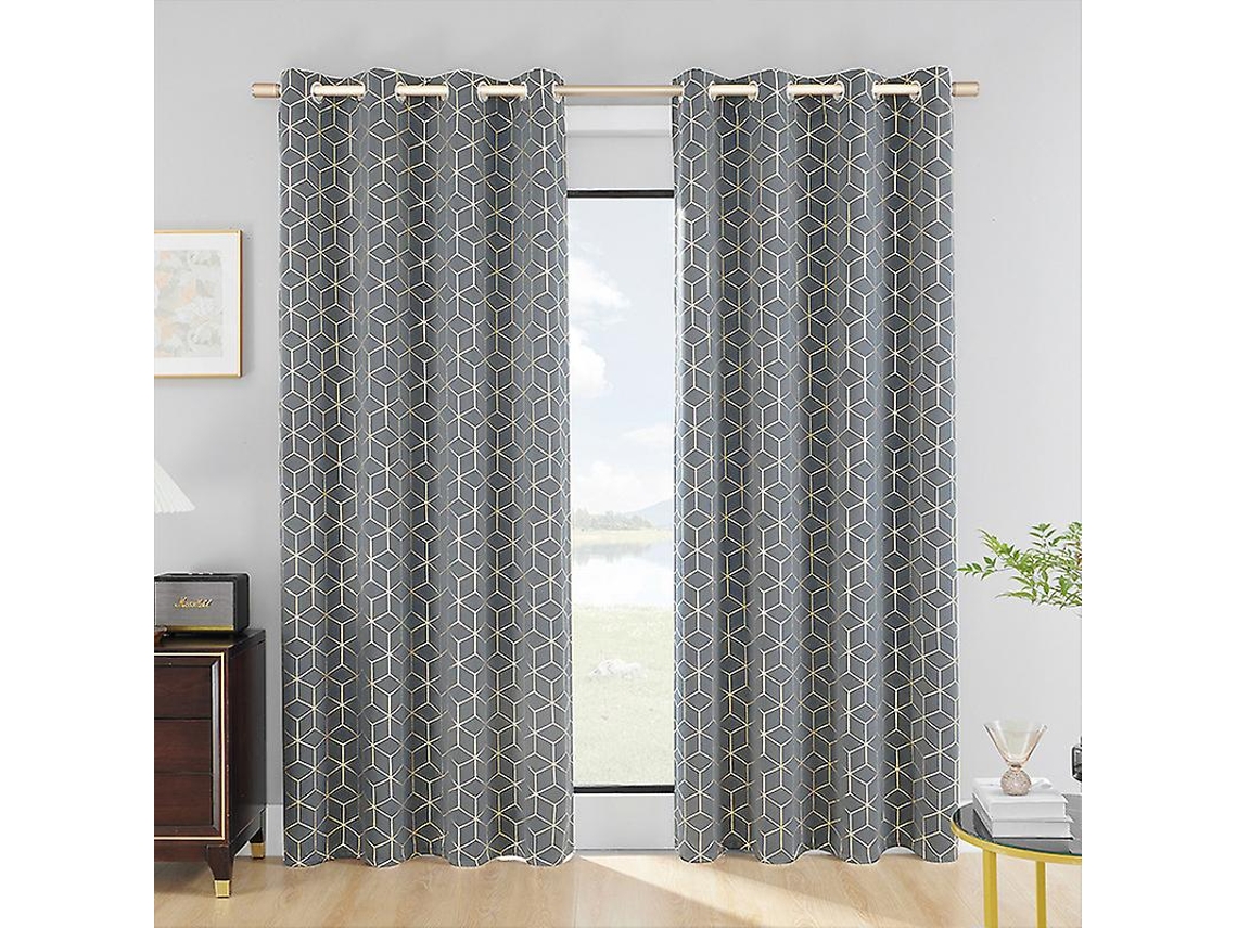Conjunto De 2 Cortinas Blackout Com Decoração De Padrão Geométrico Cubos Dourados Térmicos Antifrio Isolados Öljet