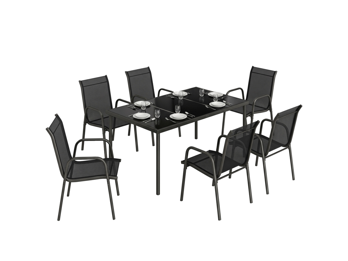 Conjunto De Jardim Salon De Jardin 6 Personnes Ensemble Table Et Chaises Jardin Avec Chaises Emempilháveis En Textilène