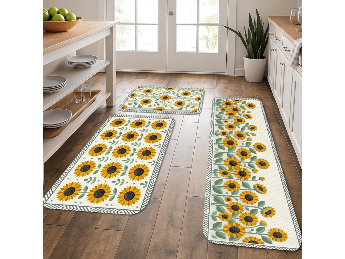 Tapetes de cozinha com estampas de girassol, estampas florais vibrantes, Macios, com amortecimento Mola, confortáveis.