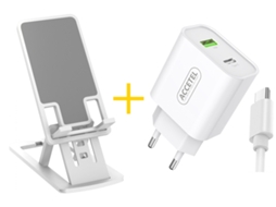 Pack Office Suporte ACCETEL NE5150 + Cabo Type C + Carregador para Oppo A98 AC527 1 X USB + 1 X Type-C 12W 2.4A Branco