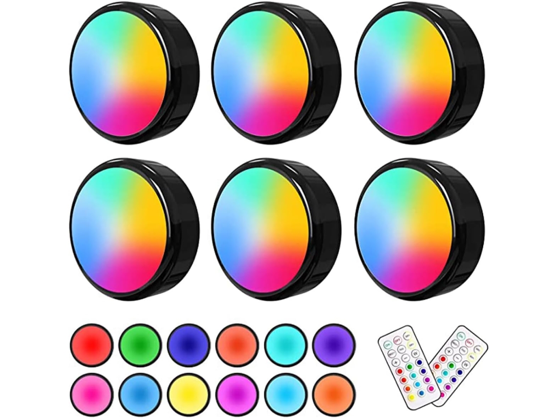 Conjunto De 6 Luzes Led Para Armários, Alimentadas Por Bateria, Com Controle Por Toque E 16 Cores.