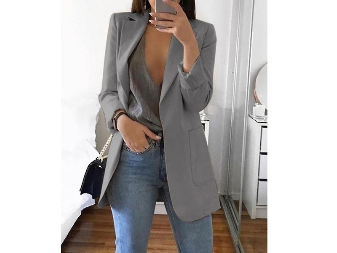 Blazer Para Mulher De Escritório Com Lapela E Manga Longa Casual De Fibra De Poliéster Até A Cintura S Gris