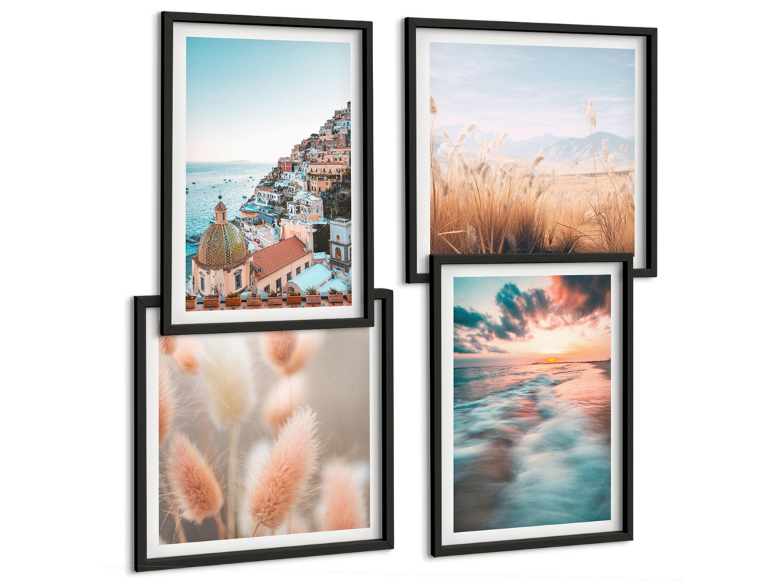 Composição De Quadros Harmonia, Pedras, Água, Buda Moldura Preta Quadros Para O Escritório Espelharte (conjunto De 4 Imagens)