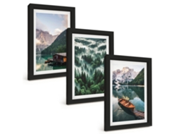 Composição De Quadros Na Parede Montanha, Lago, Barco, Floresta, Neblina Moldura Preta Quadros Para A Sala De Estar Espelharte (3 Peças 20x30 Cm)