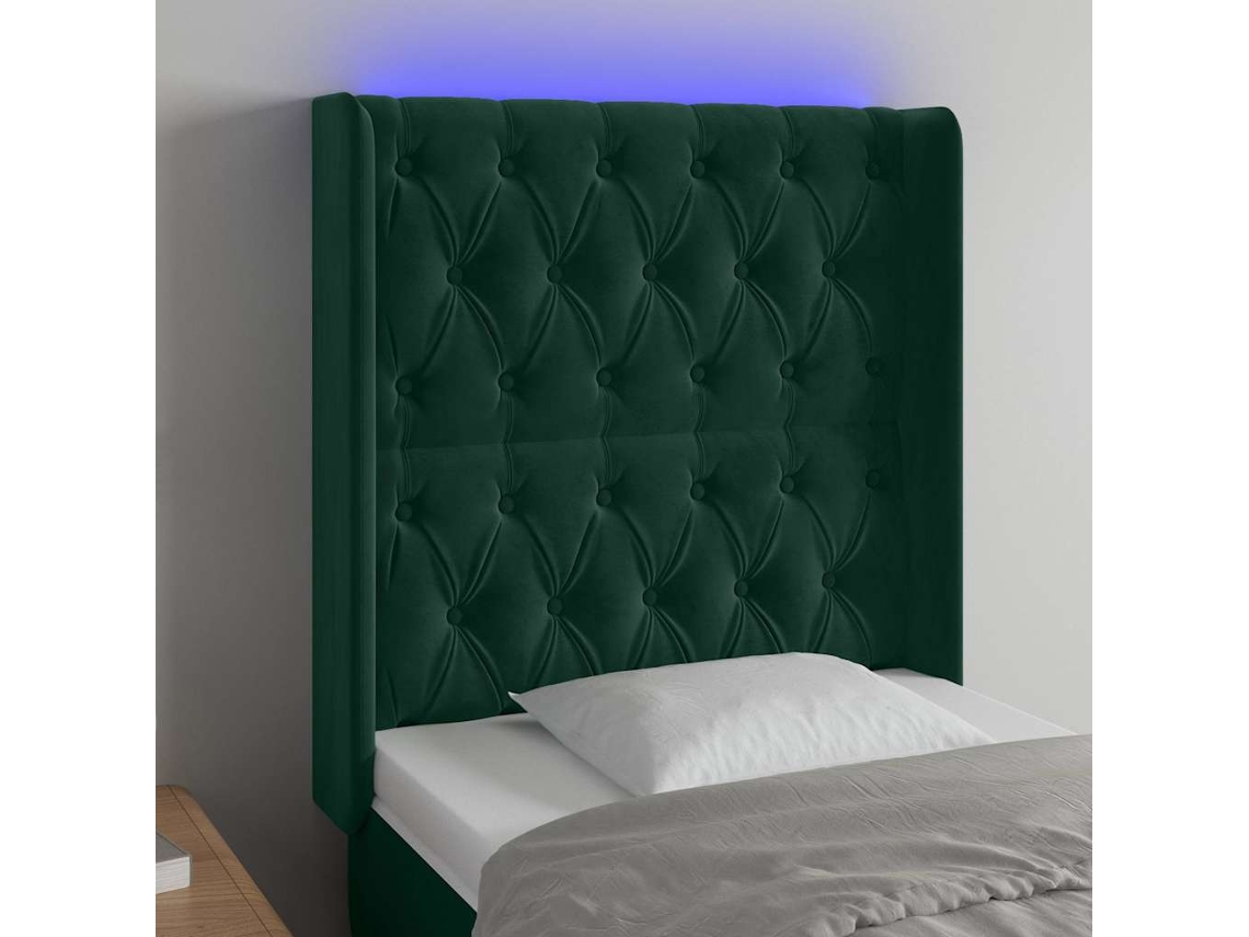 Vidaxl Cabeceira Cama C/ Luzes Led Veludo 83x16x118/128cm Verde-escuro