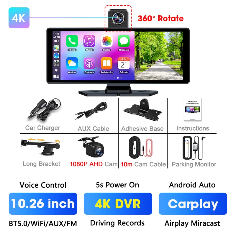 (dvr 10m) Câmera Veicular De 10,26 Polegadas, 4k Com Carplay Sem Fio