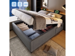 Cama Casal 140x200 Cm Sem Cabeceira Com Usb-c E Prateleira Cinza