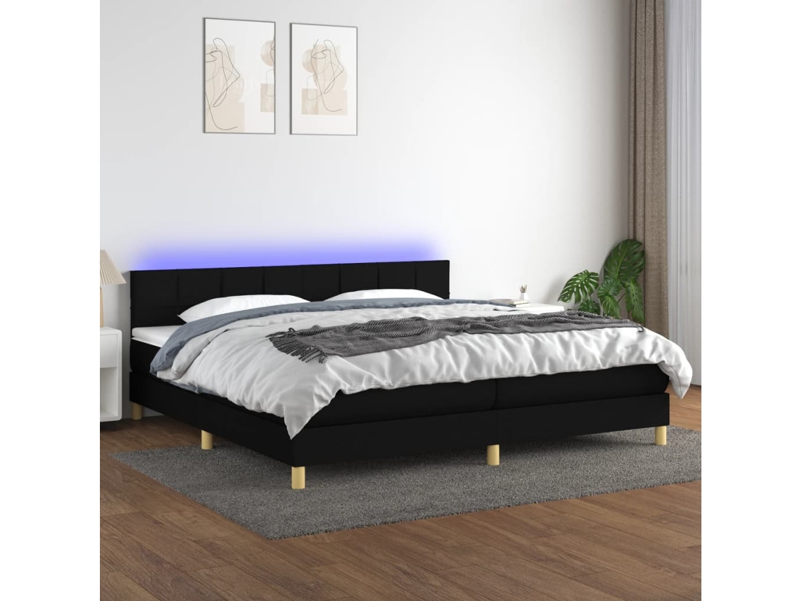 Vidaxl Cama Box Spring C/ Colchão e Led 200x200 Cm Tecido Preto