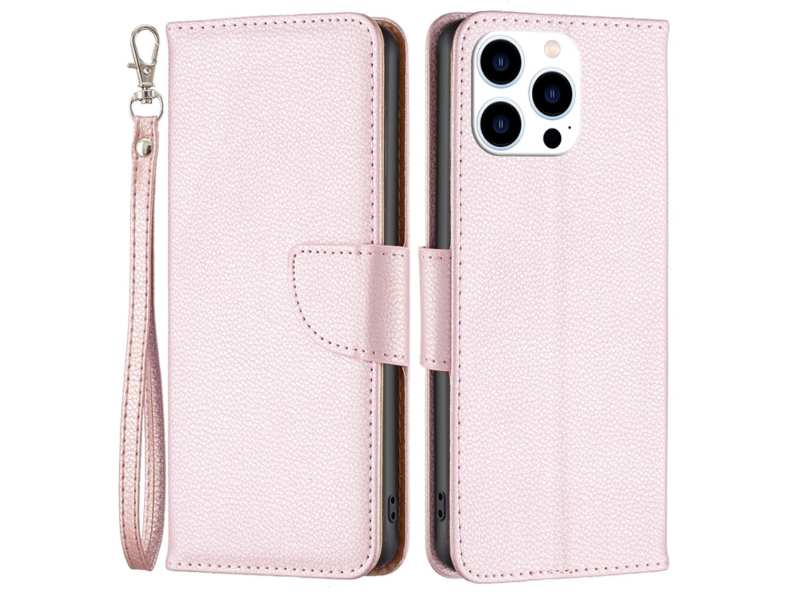 Capa Em Couro Pu Textura De Lichia Para Apple Iphone 16 Pro Max - Ouro Rosa