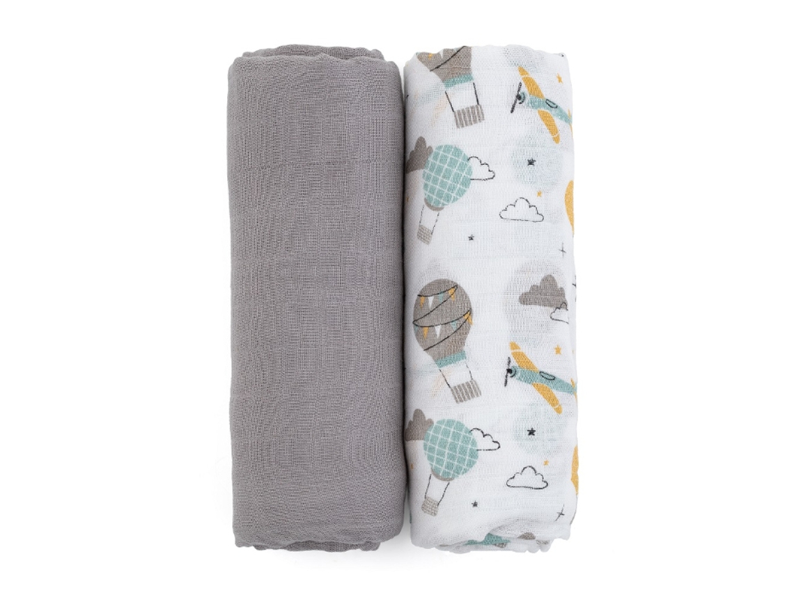 Fraldas de Musselina de Bambu PETITE&MARS Misty Grey Planes