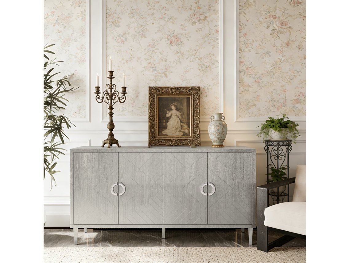 Armário 4 Portas 152cm, Elegante E Funcional, Pernas De Pinho E Mdf, Para Sala, Quarto E Cozinha, Champanhe.