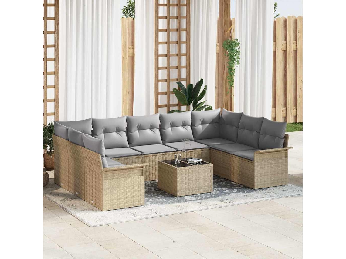 Vidaxl Conjunto De Sofá De Jardim Com Almofada 10 Pcs Bege Vime Pe