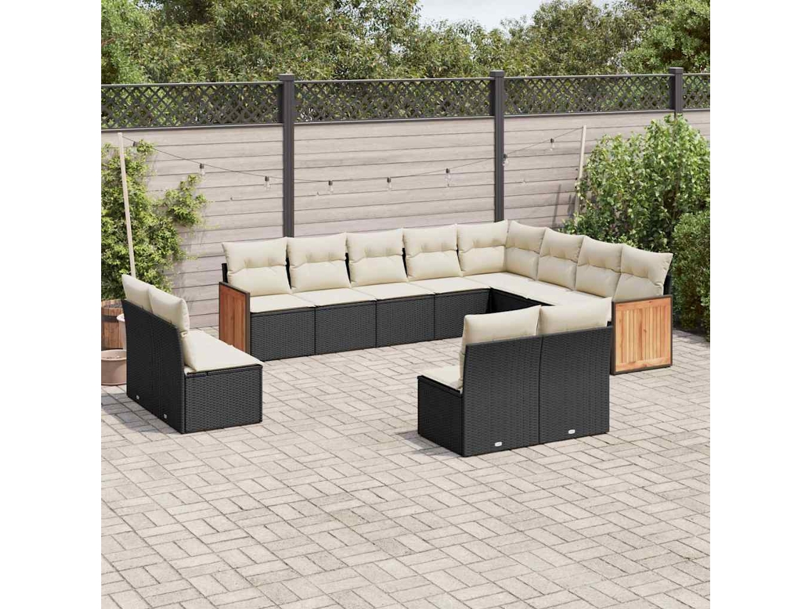 12 Pcs Conjunto De Sofá Jardim C/ Almofadões Vime Pe Preto Dkd Home Decor