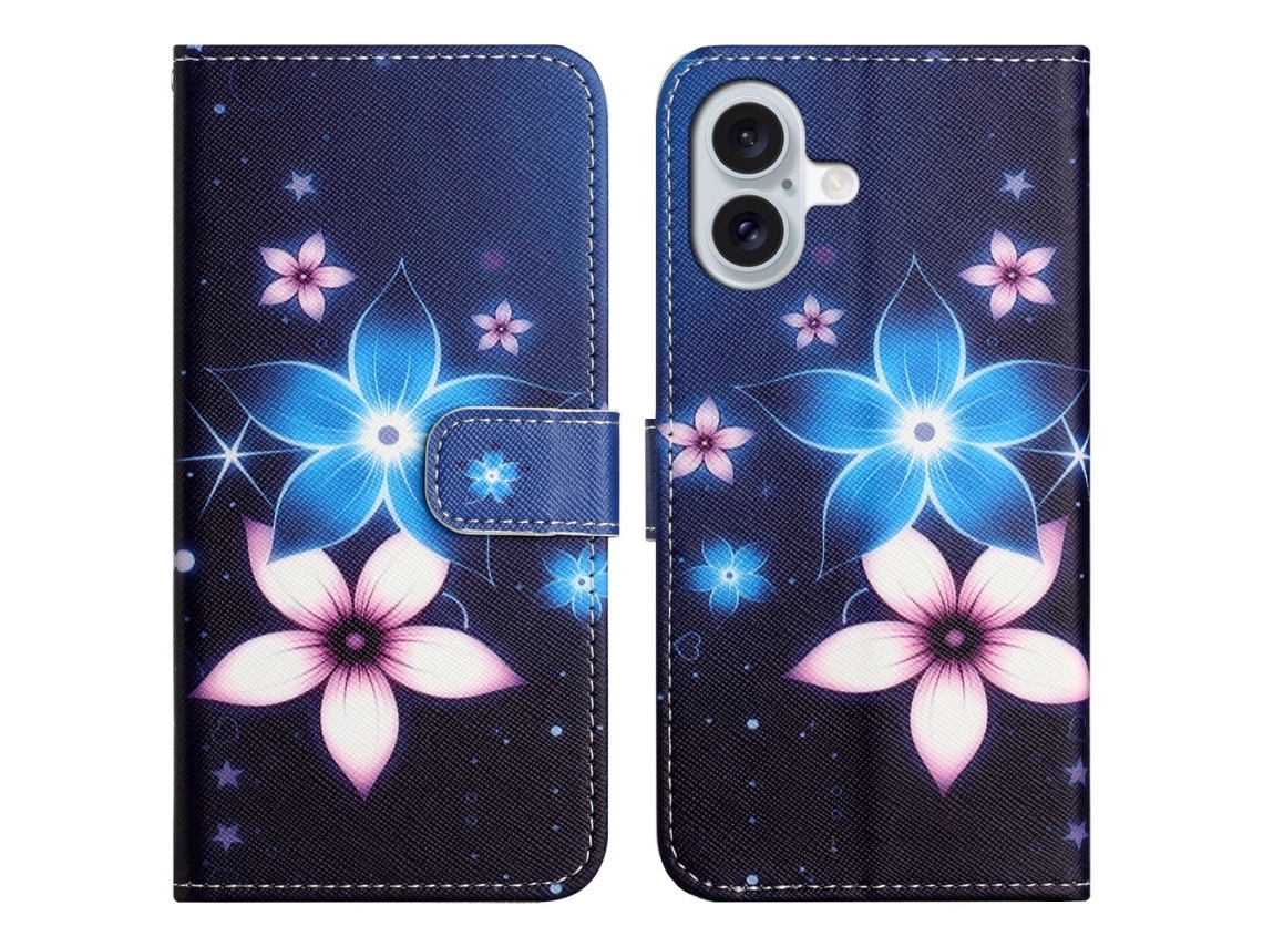Capa Em Couro Pu Para Apple Iphone 16 - Flor Azul