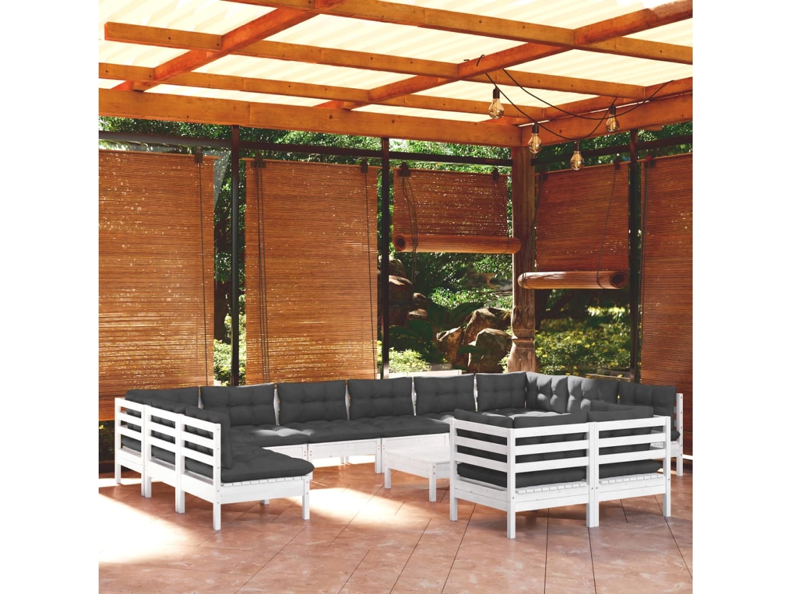 Vidaxl 13 Pcs Conjunto Lounge De Jardim C/ Almofadões Pinho Branco