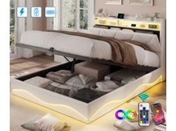 Cama Estofada 160x200 Cm, Cama De Casal, Com Luz Led E Usb, Com Caixa De Armazenamento, Tecido De Veludo - Bege