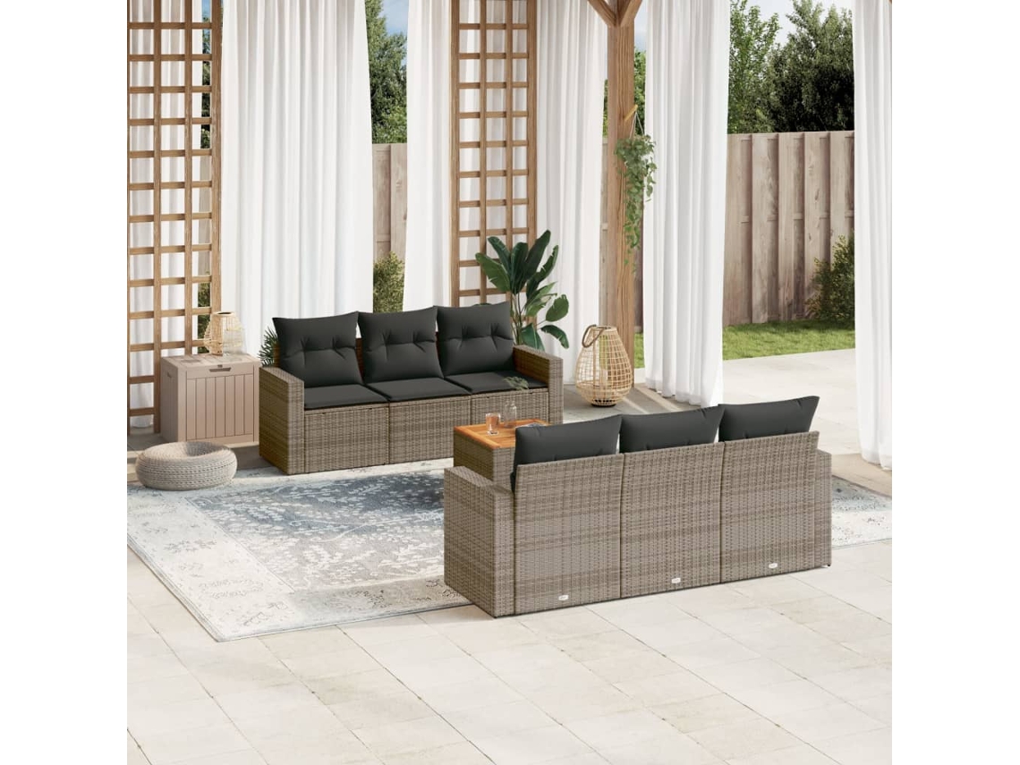 Vidaxl 7 Pcs Conjunto Sofás P/ Jardim C/ Almofadões Vime Pe Cinzento