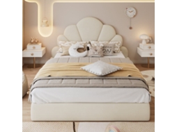 Cama De Casal 140x200 - Cabeceira Com Pétalas Curvas, Estilo Moderno E Confortável - Bege