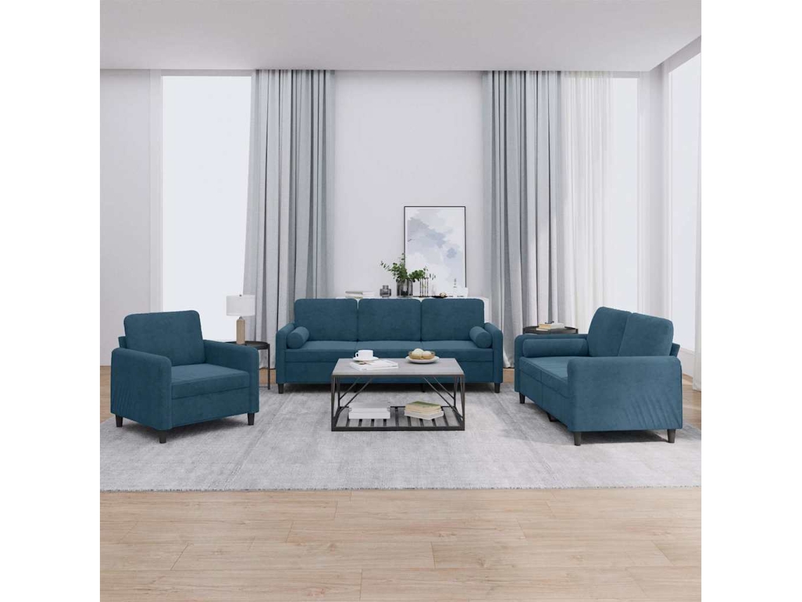 Vidaxl 3 Pcs Conjunto De Sofás Com Almofadas Veludo Azul
