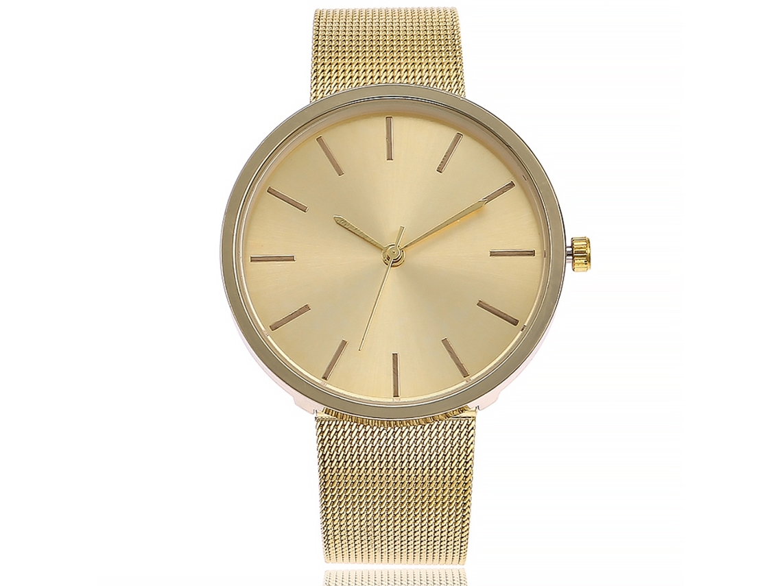 Relógio feminino de quartzo com pulseira de liga metálica, mostrador redondo grande e elegante na cor dourada.