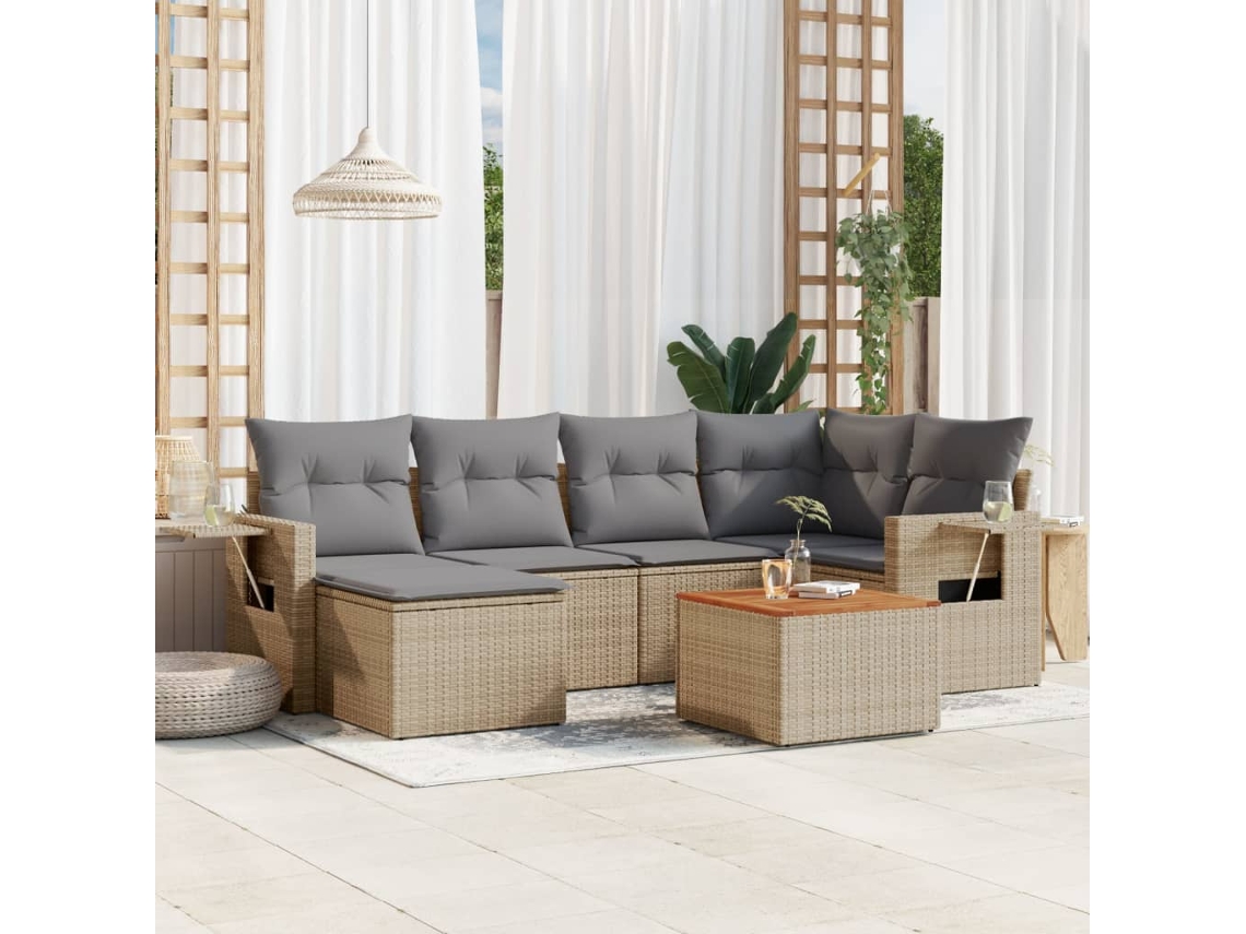 Vidaxl 7 Pcs Conj. Sofás Jardim C/ Almofadões Vime Pe Bege Misturado