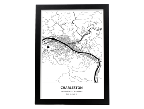 Charleston - Pôster De Mapa Dos Eua. Perda De Cidades Nos Estados Unidos Com Mares E Rios Em Preto. Sem Quadro