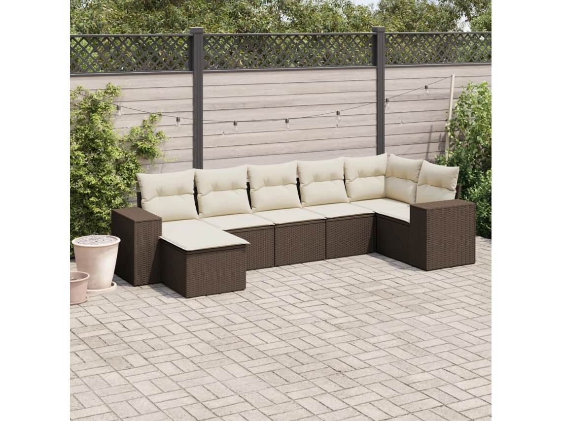 Vidaxl 7 Pcs Conjunto De Sofás Jardim C/ Almofadões Vime Pe Castanho