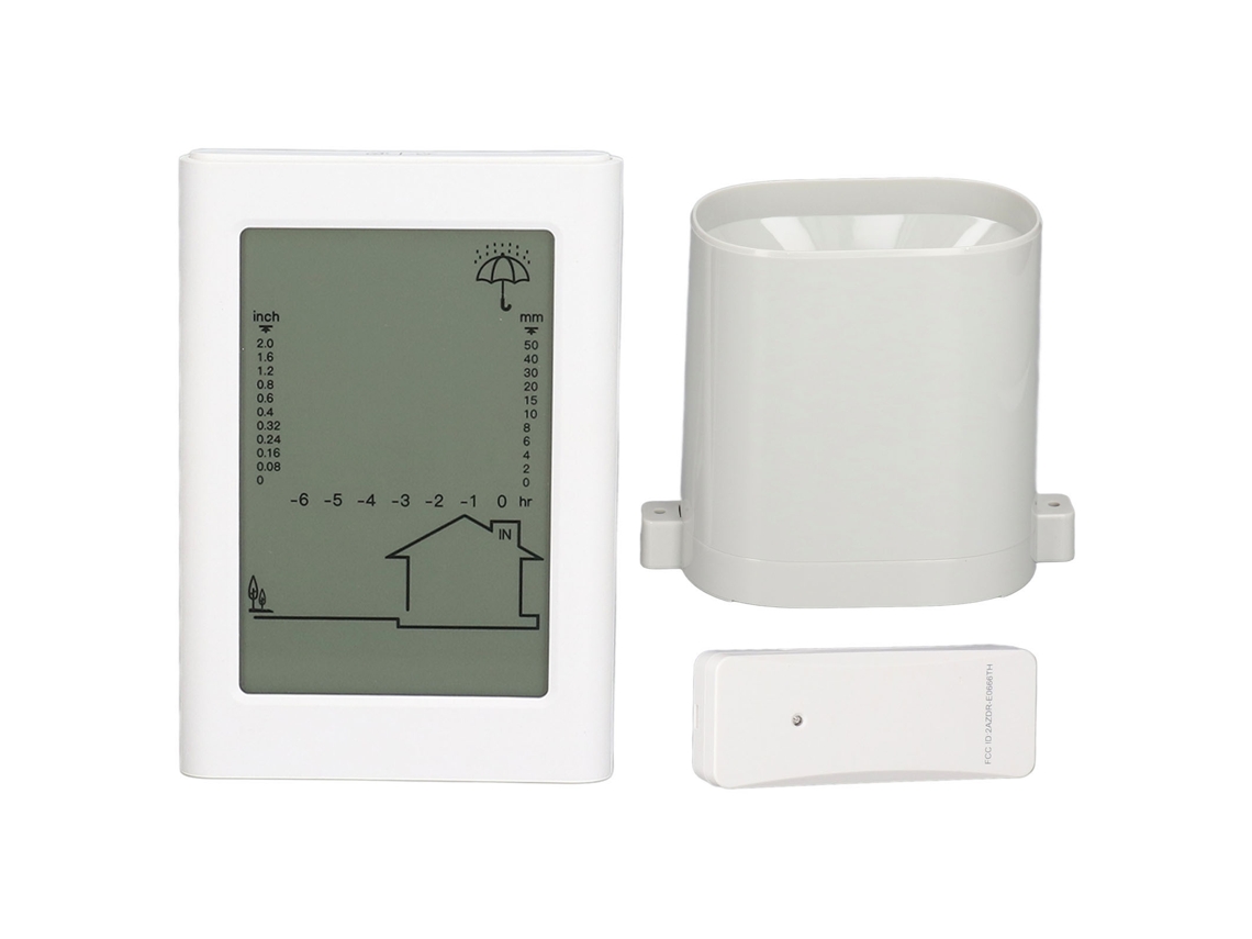 Pluviômetro eletrônico digital 3 em 1 para uso externo, sistema de monitoramento sem fio com visor retroiluminado laranja.