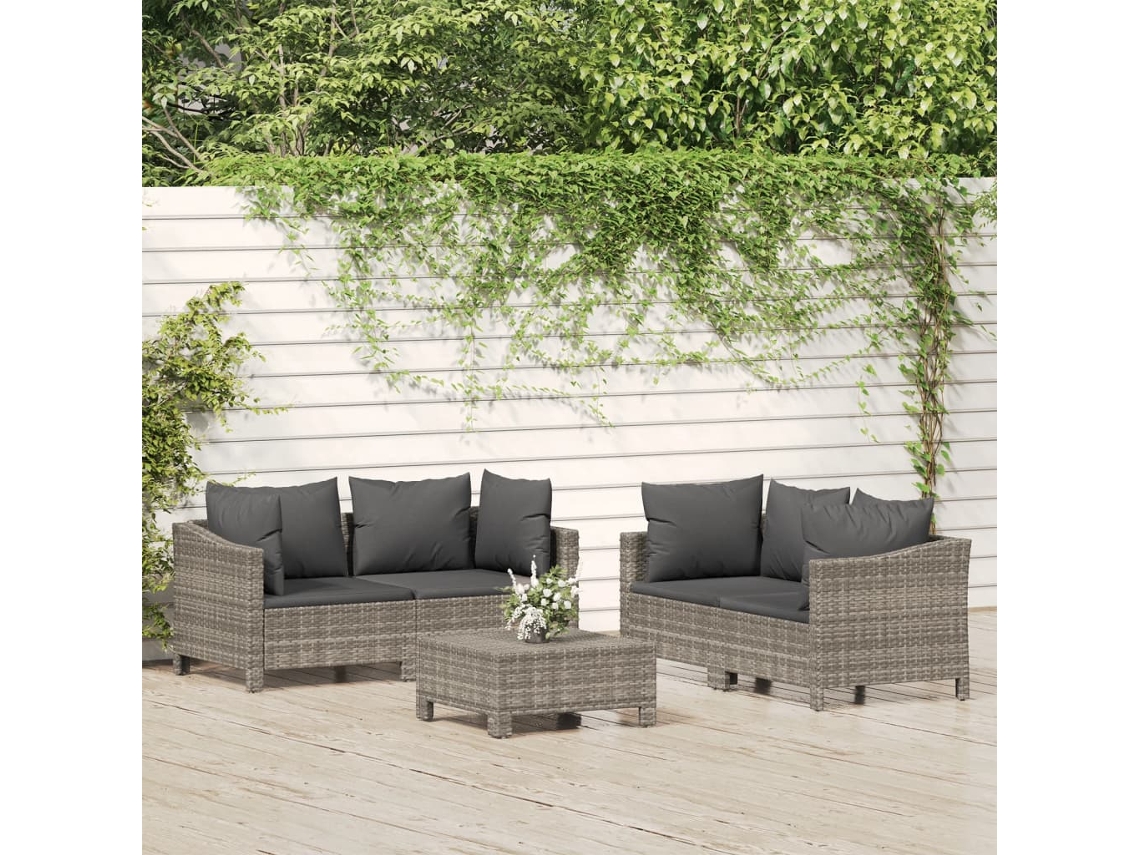 Vidaxl 5 Pcs Conjunto Lounge De Jardim C/ Almofadões Vime Pe Cinzento
