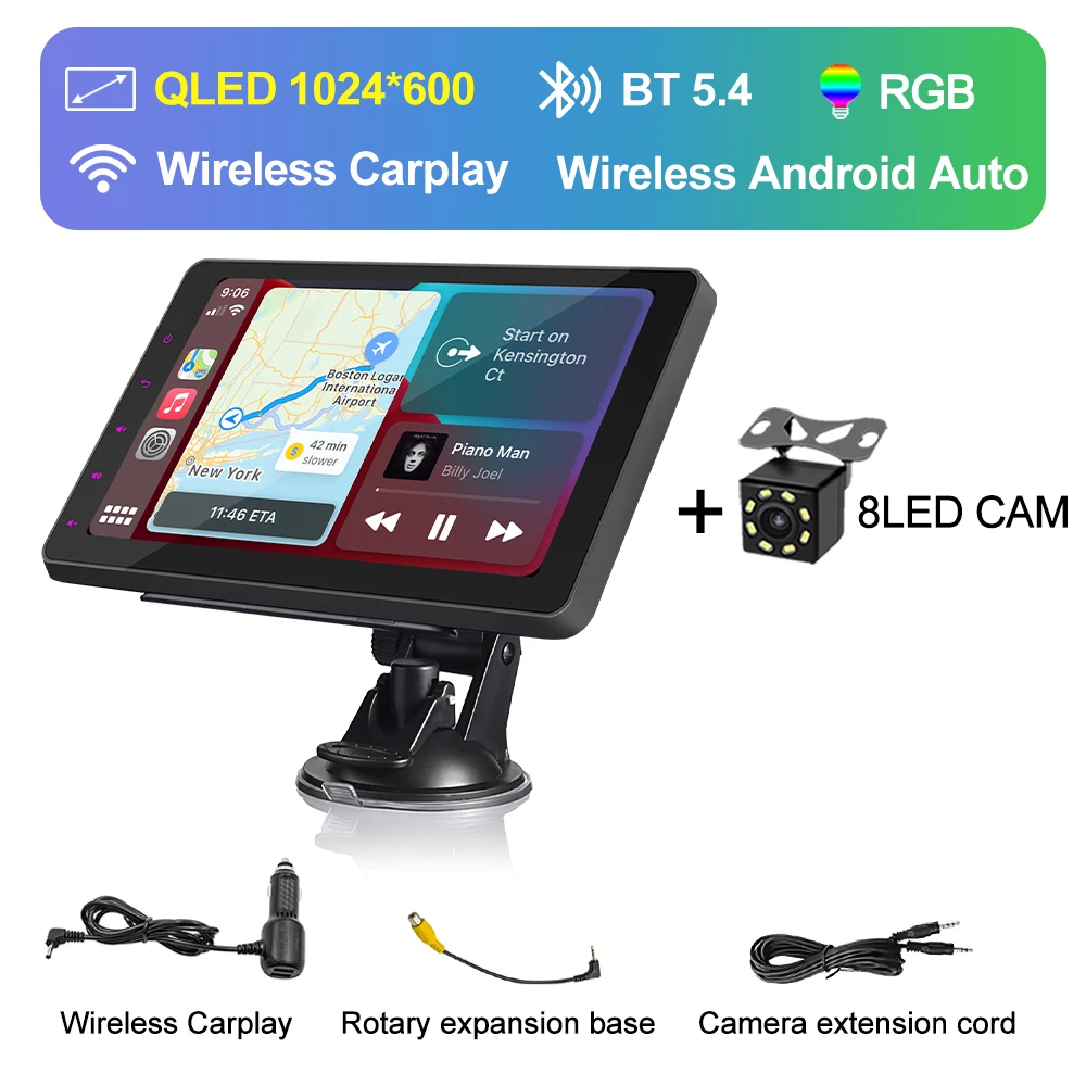 (pnd 8led) Multimídia Automotiva, Tela Ips De 7 Polegadas, Carplay Sem Fio, Universal E Portátil