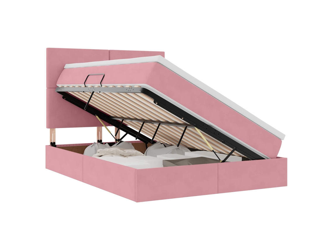 Cama com Arrumação e Led com Colchão Rosa Veludo MAISON EXCLUSIVE (140x200 cm)