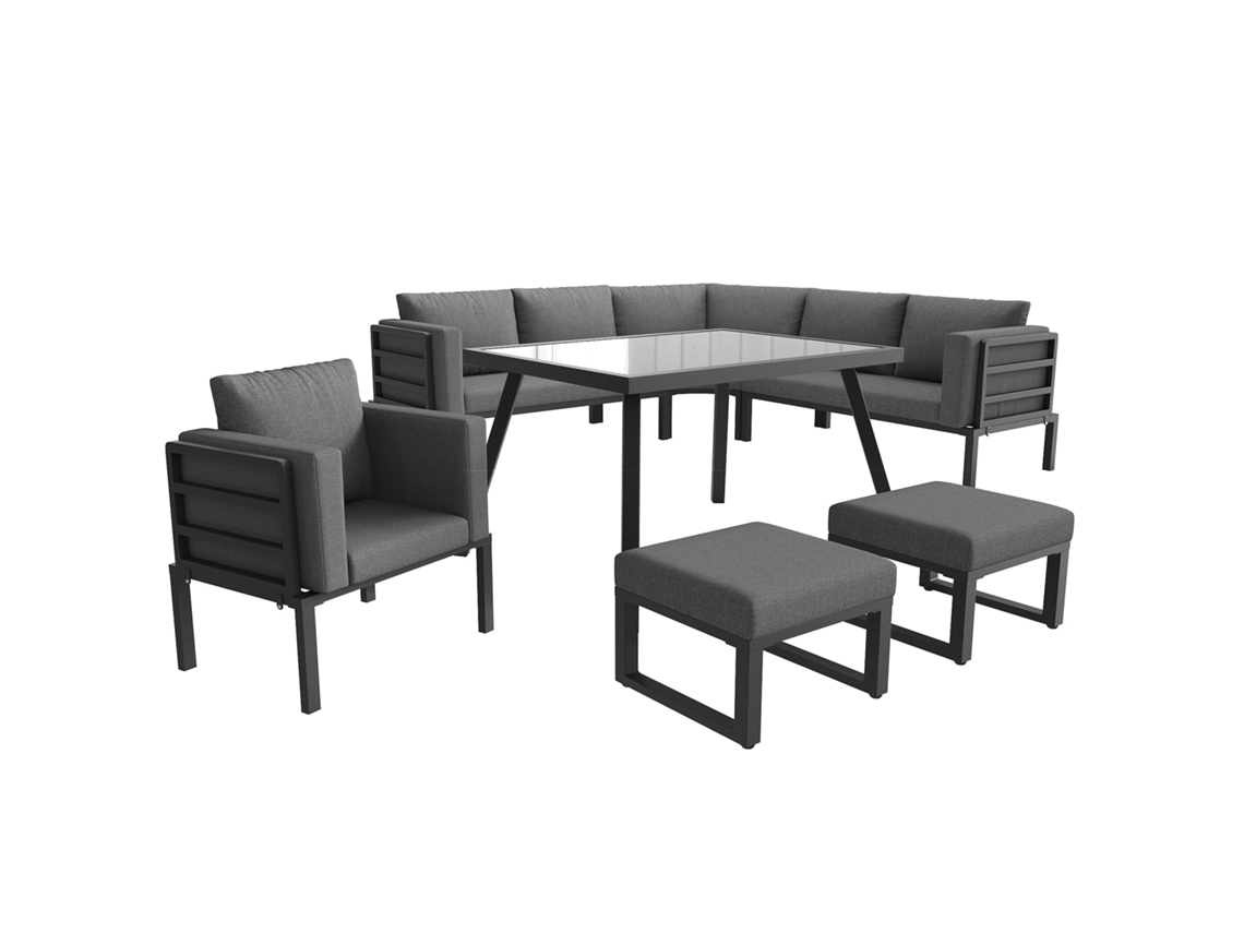 Sofá de jardim em forma de meia-lua para 8 pessoas - estrutura em ferro, almofadas cinzentas, inclui mesa de vidro, 1 poltrona e 2 bancos - cinzento