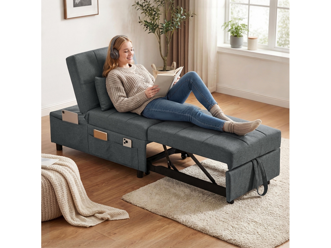 Cadeira Conversível 1 Lugar Sofá-cama Com Encosto Ajustável, Assento Acolchoado E Almofada, Cinza