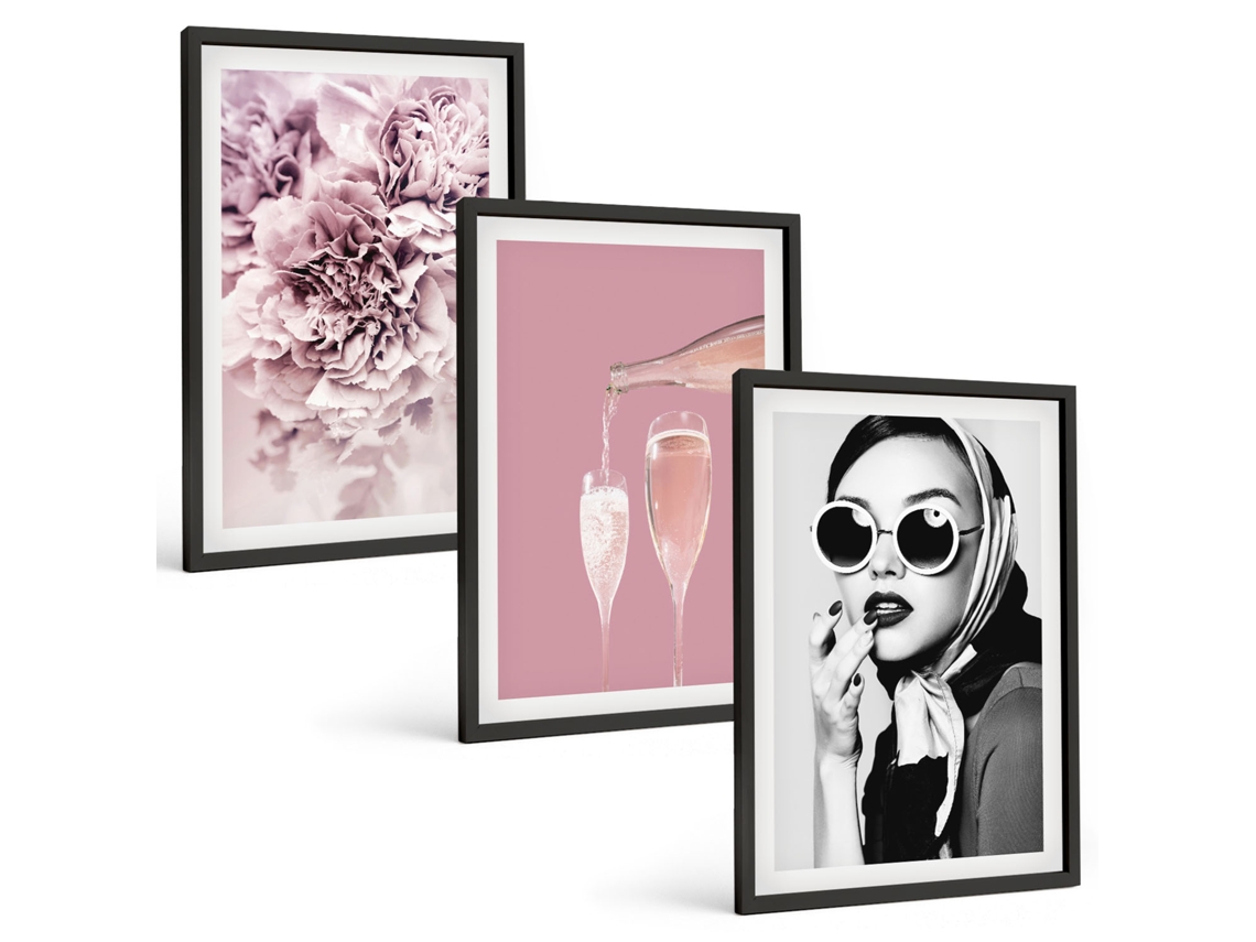 Galeria De Pinturas Murais Flores, Rosas E Uma Dama Elegante Moldura Preta Pinturas De Quarto Espelharte (3 Piezas De 40x60 Cm)