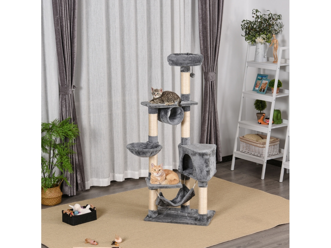 Arranhador Com Cama, Rede E Postes De Sisal, Cinza