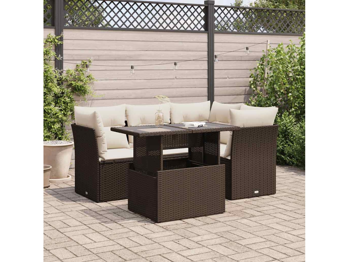 Vidaxl 5 Pcs Conjunto Sofás P/ Jardim C/ Almofadões Vime Pe Castanho