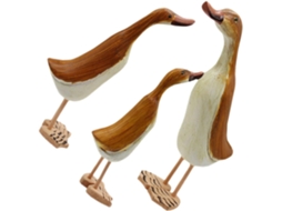 Conjunto 3 Estatuetas Madeira Entalhada Estátuas Decorativas Animais Enfeites Natural Decoração Rústica GOKOCO