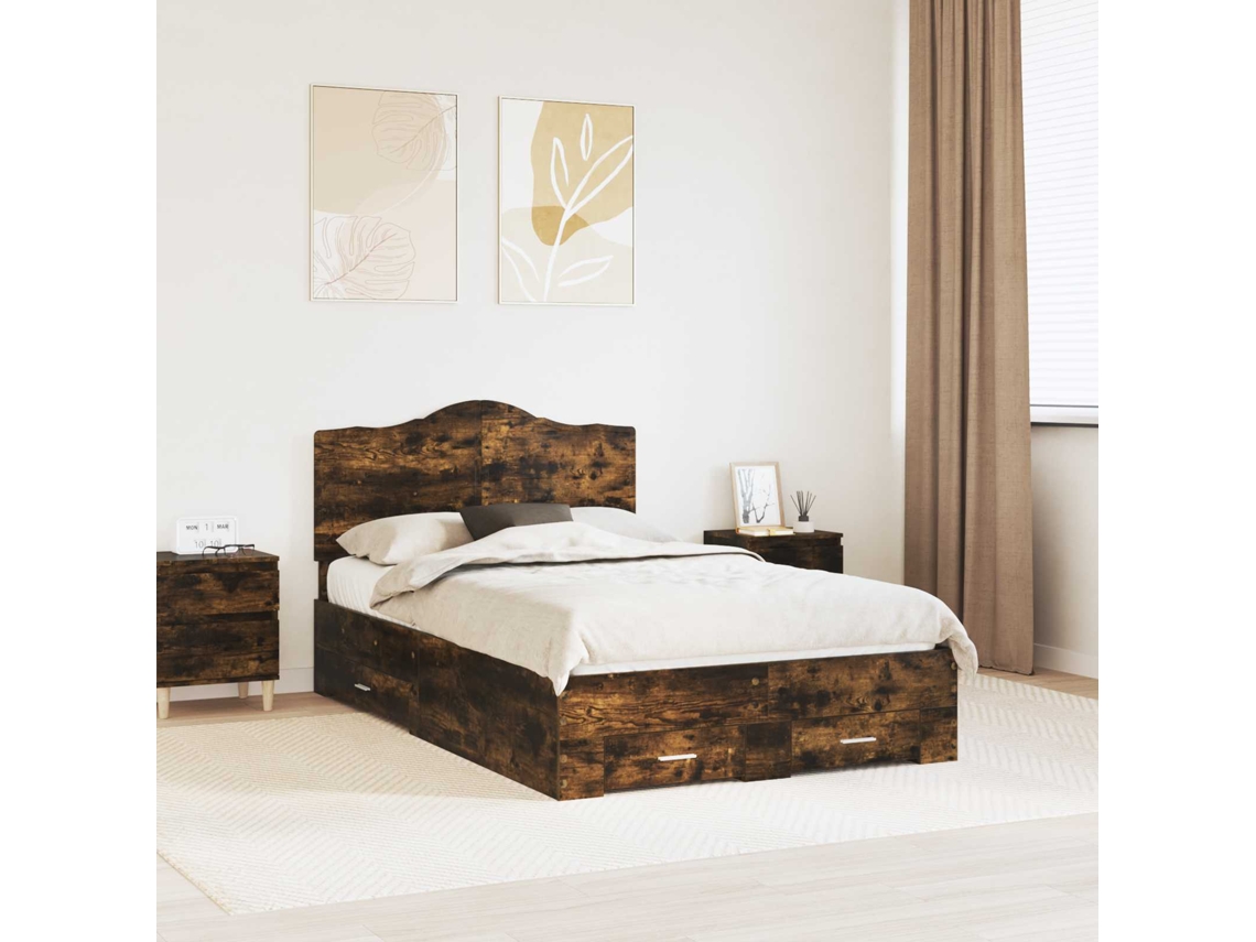 Vidaxl Estrutura da Cama com Cabeceira Carvalho Defumado 135 X 190 Cm
